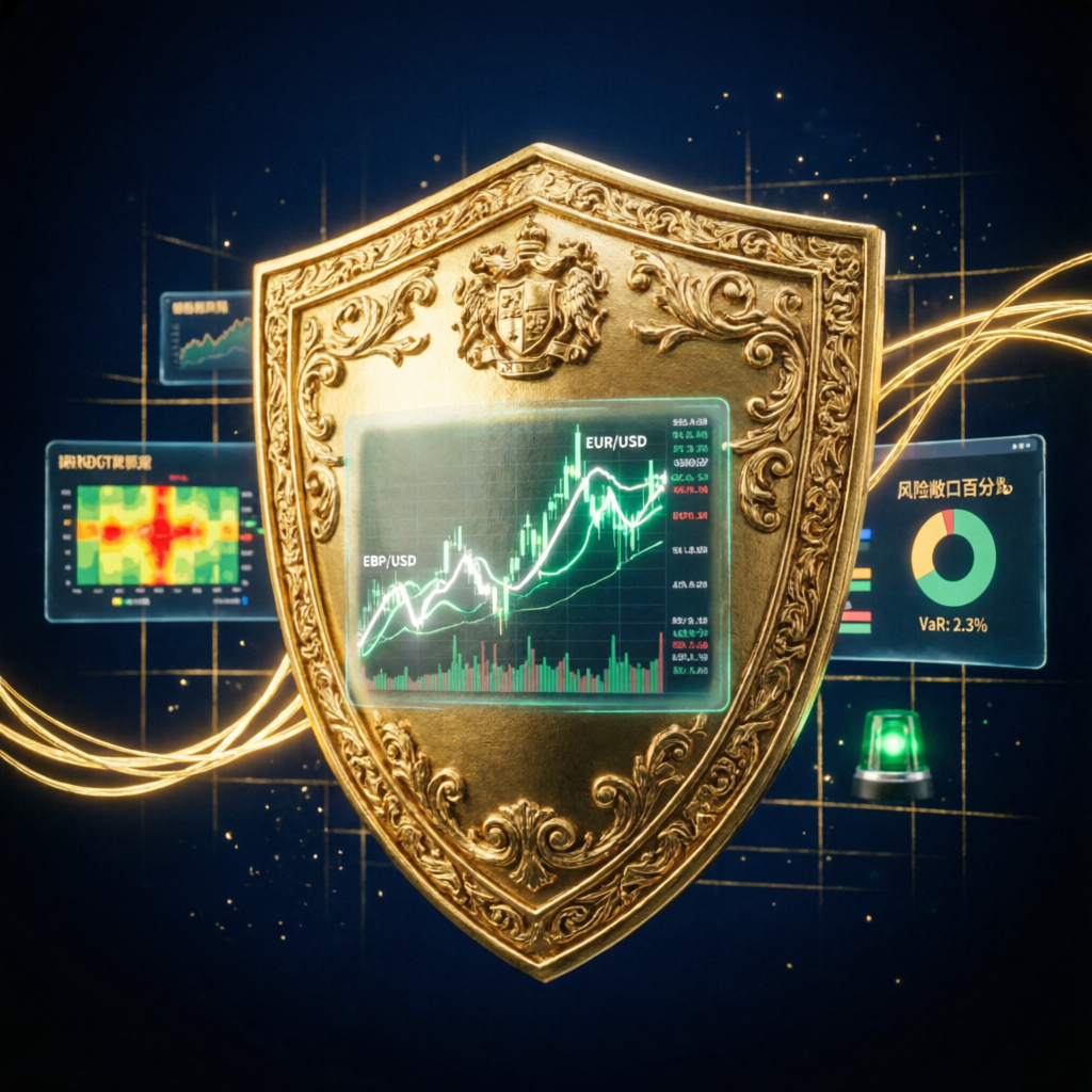 Golden shield protecting forex charts representing secure risk management in prop firm trading