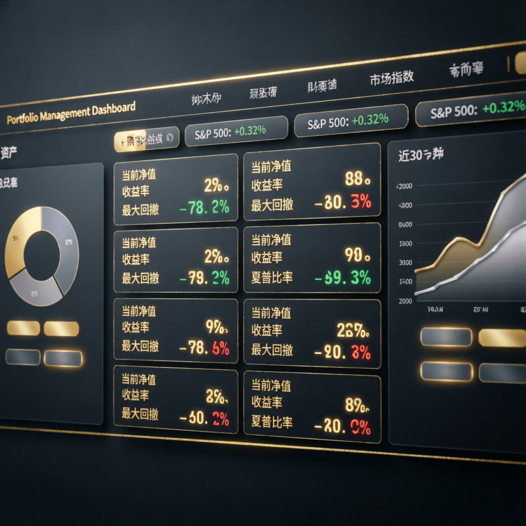 Portfolio management dashboard with multiple trading accounts and performance metrics