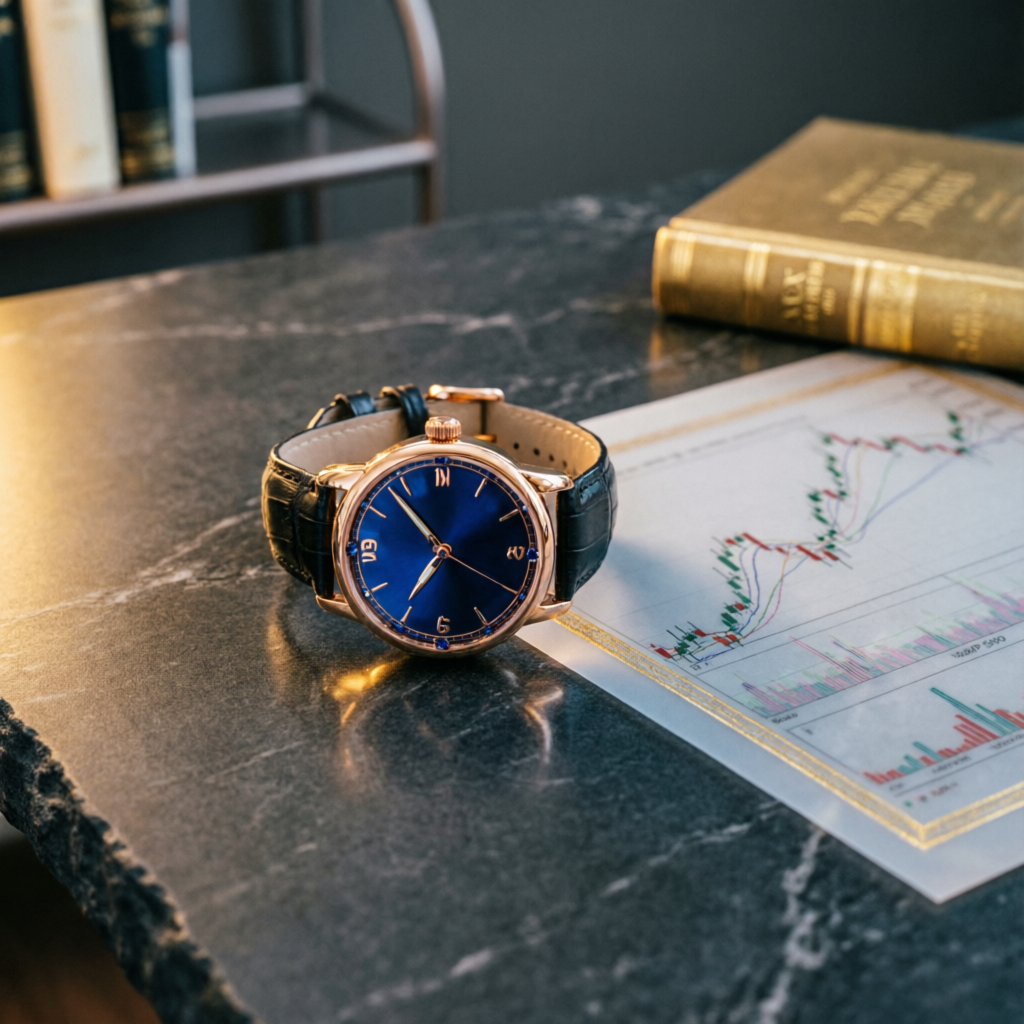 Luxury watch and trading charts on marble surface representing financial success and wealth