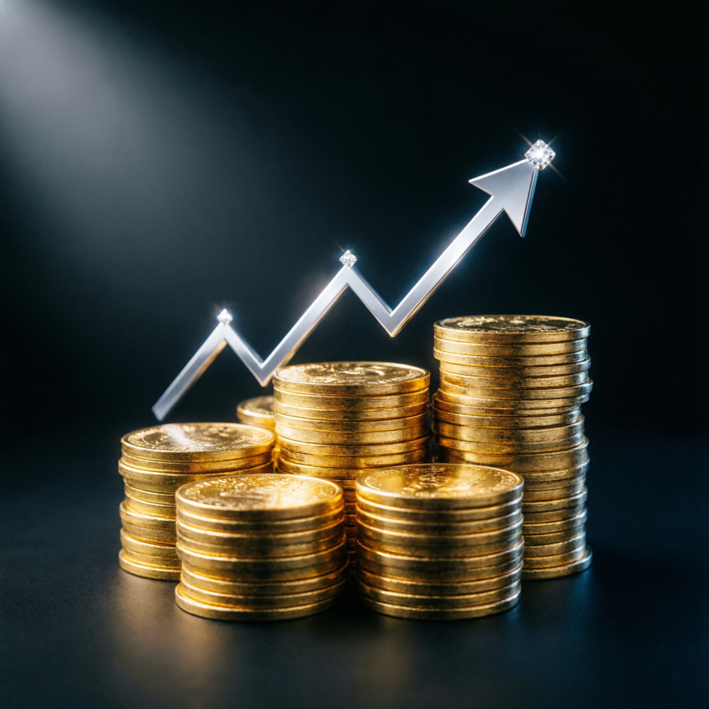 Rising profit chart with golden coins representing trading success and funded account payouts
