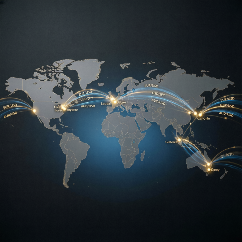 Global forex market visualization showing currency pair connections across world markets
