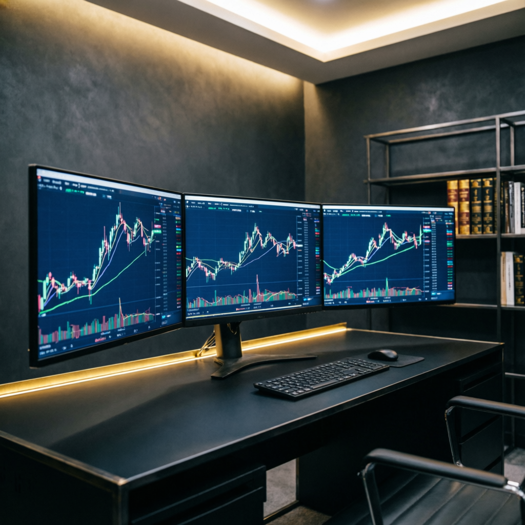 Premium trading setup with three monitors showing forex charts in professional dark office