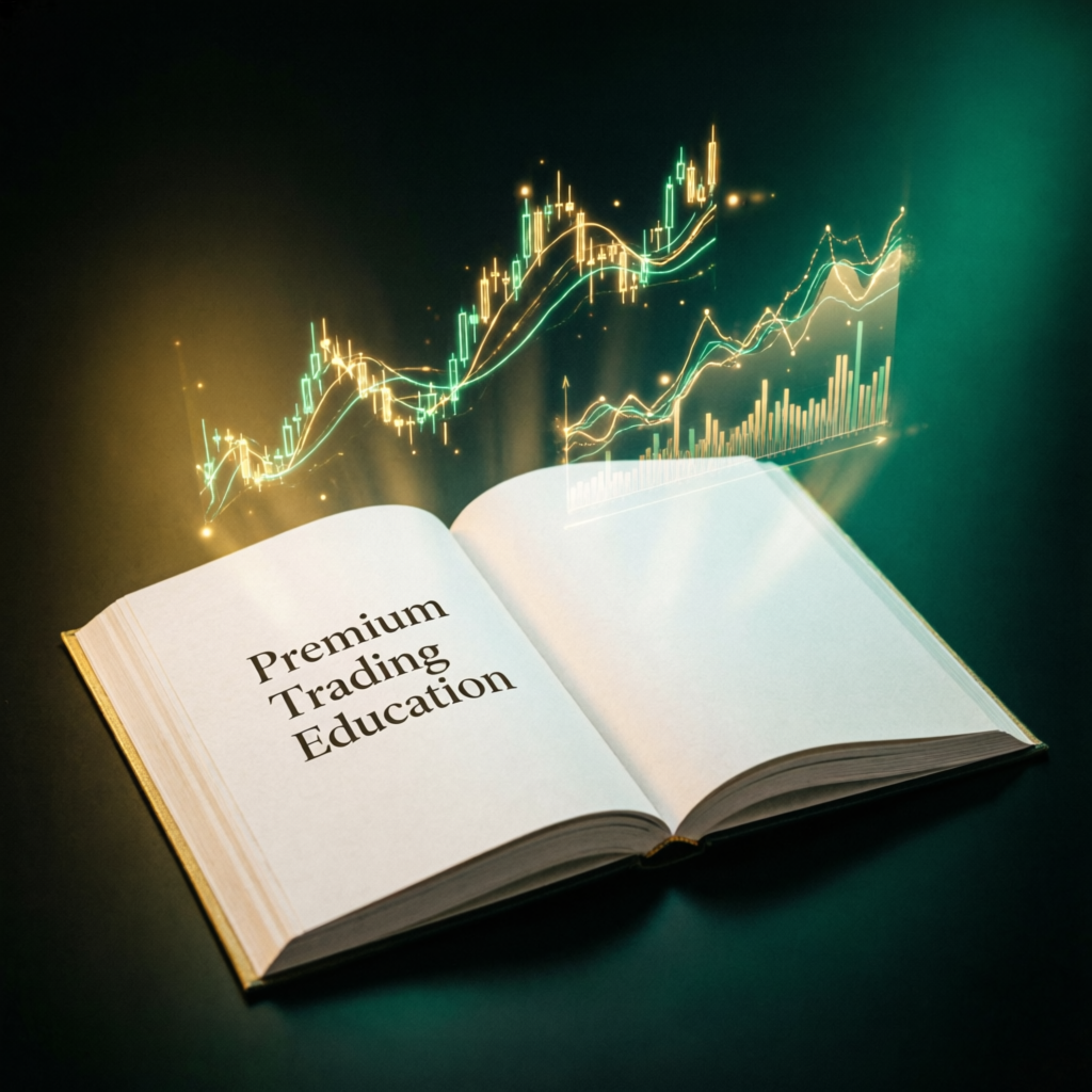 Premium trading education book with holographic forex charts representing learning and expertise