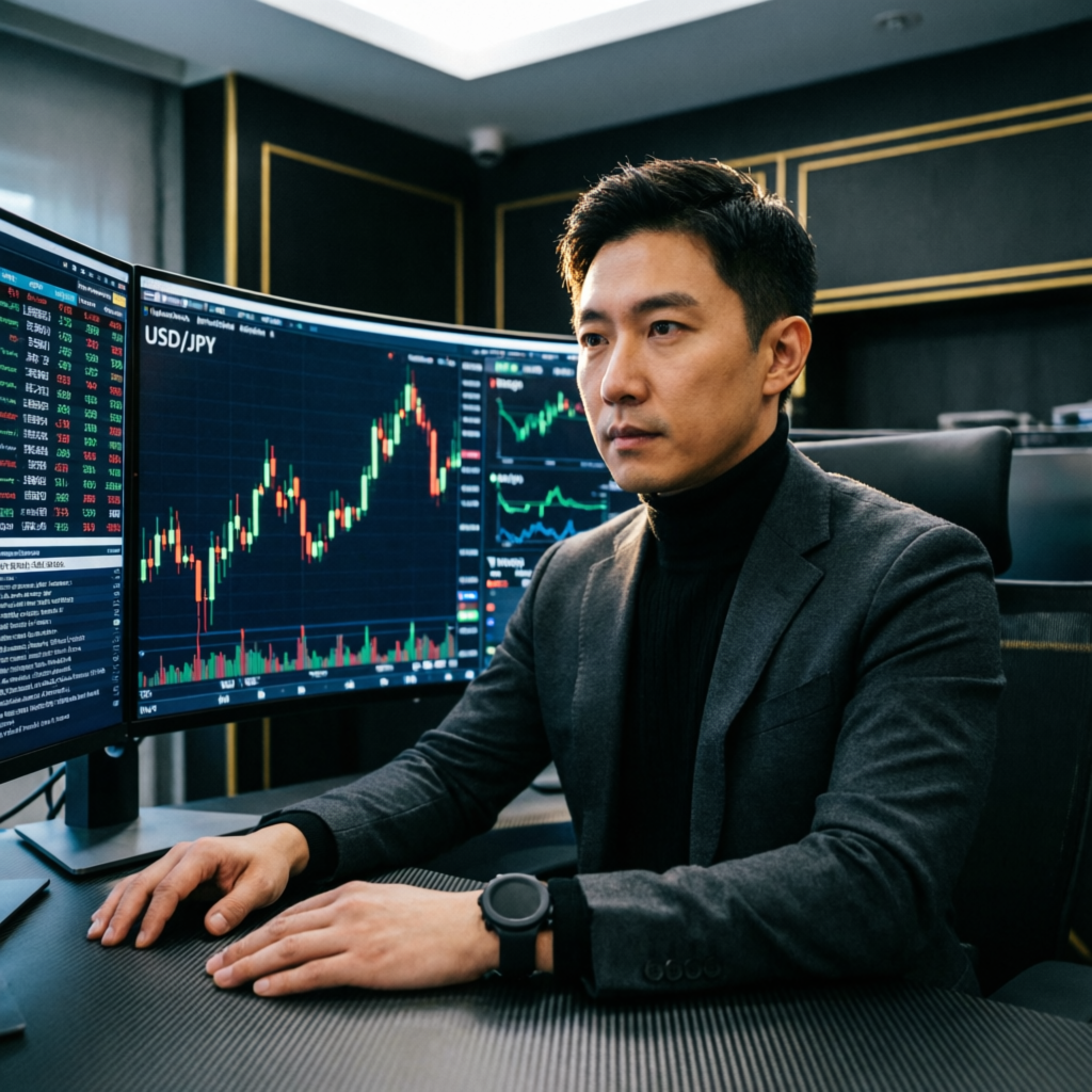 Professional forex trader analyzing live candlestick charts on multiple monitors in premium trading office