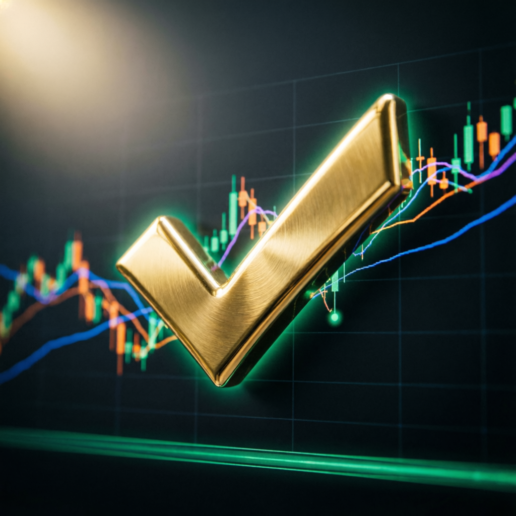 Golden checkmark over trading charts symbolizing successful prop firm challenge passing