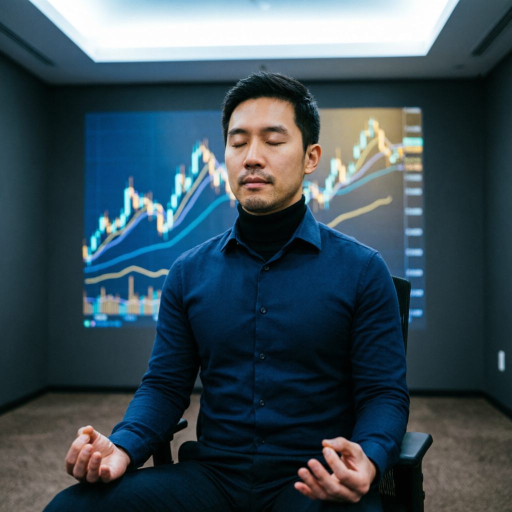 Trader practicing mindfulness and trading psychology with financial charts in background