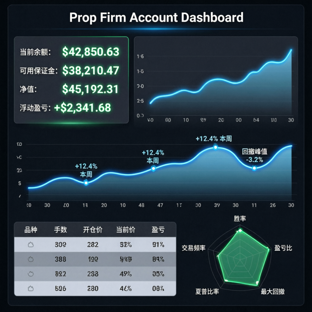 Prop Firm Account Dashboard showing equity curve, profit metrics, and trading performance analytics