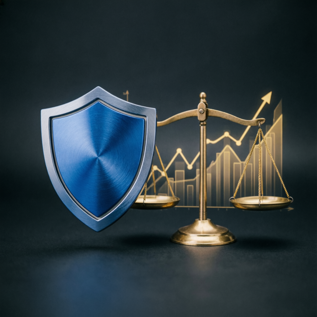 Risk management concept with shield and balance scale representing protected trading