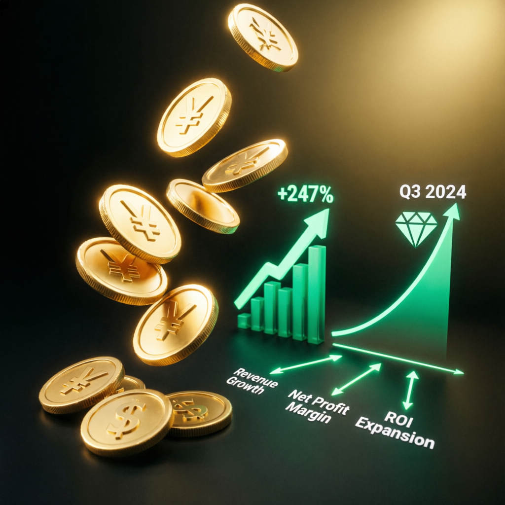 Financial success visualization with gold coins and profit growth charts