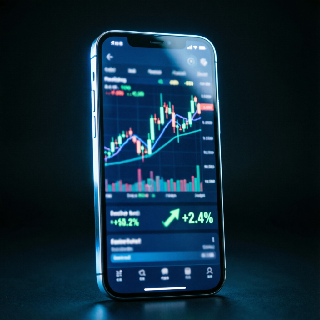 Mobile forex trading app showing live charts and profit indicators
