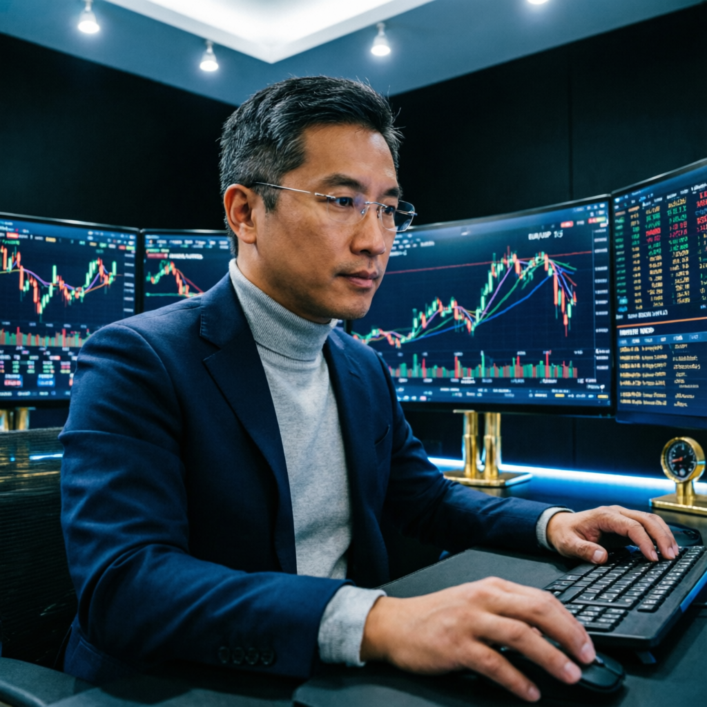 Professional forex trader managing prop firm accounts with multiple monitors showing financial charts
