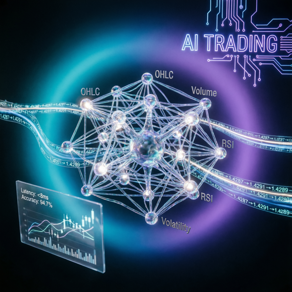 AI trading technology visualization with neural network and financial data