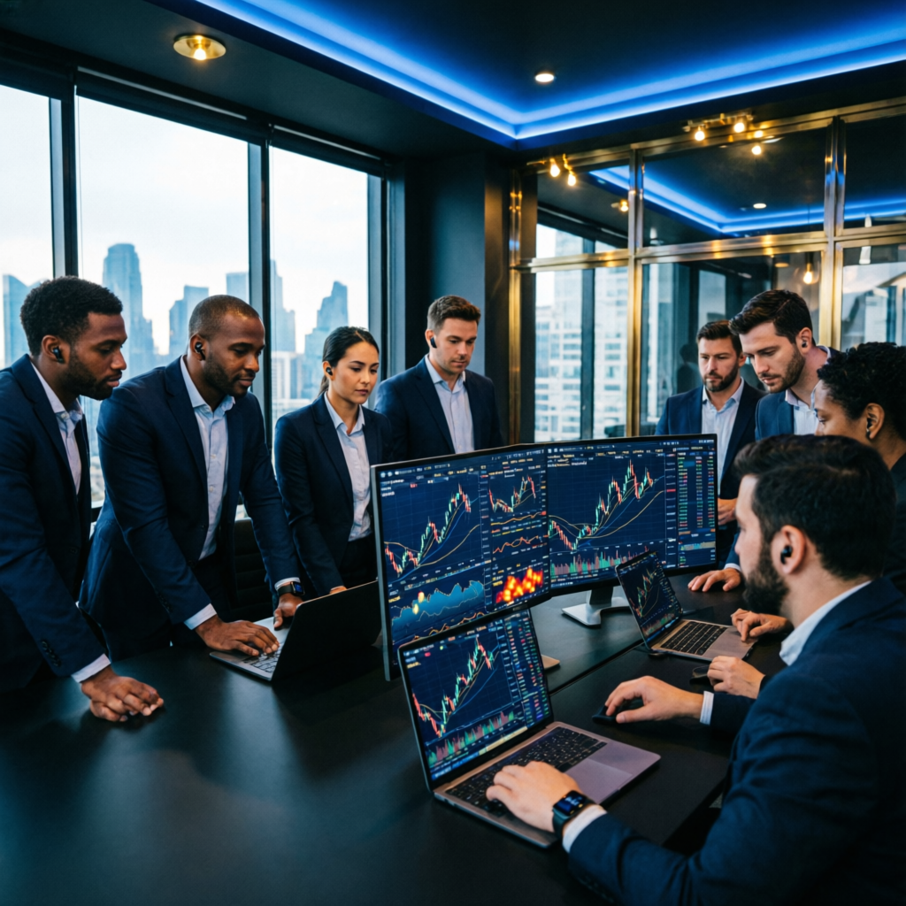Professional trading team collaborating on forex strategies in modern office