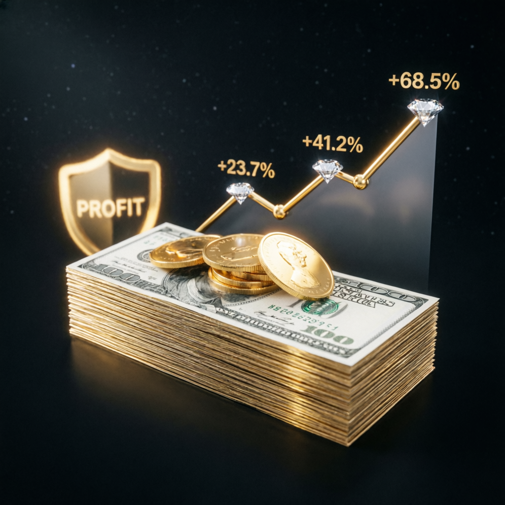 Trading profit growth with golden coins and rising graph