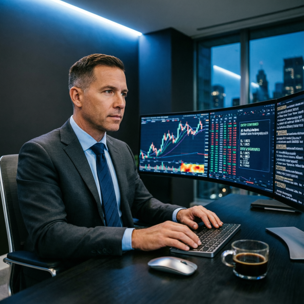 Professional trader working at multi-screen trading setup
