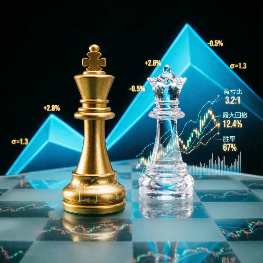 Trading strategy visualization with chess pieces and charts