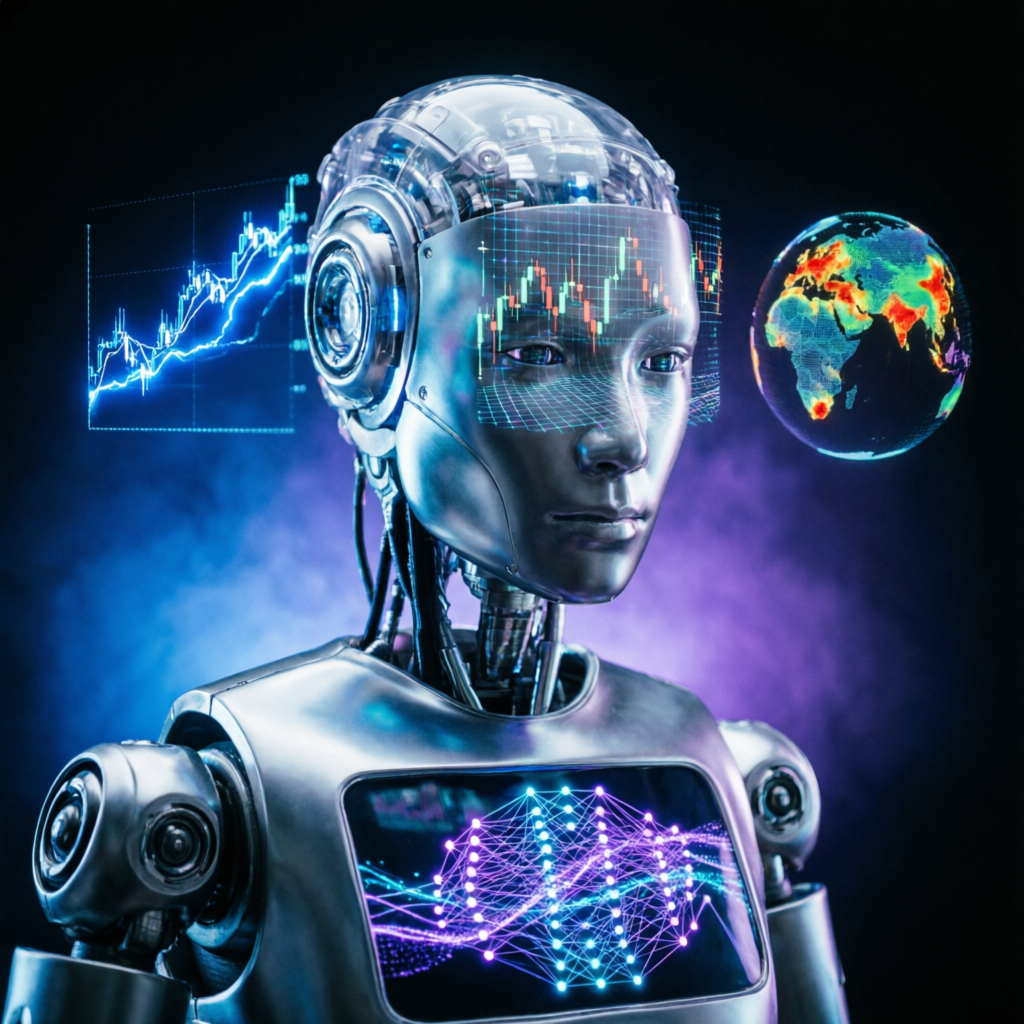 AI robot analyzing financial markets with trading charts