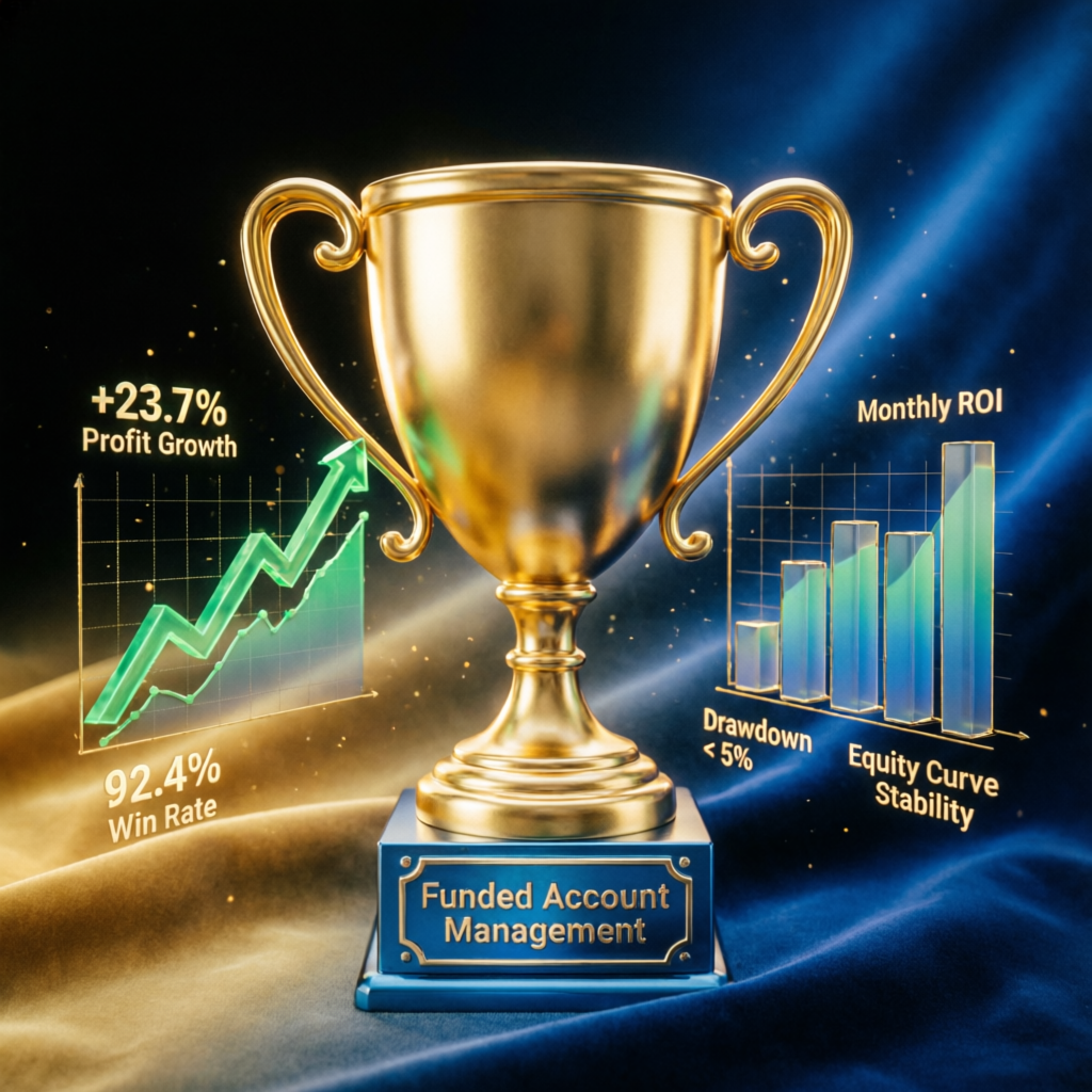 Funded account management trophy with profit growth metrics