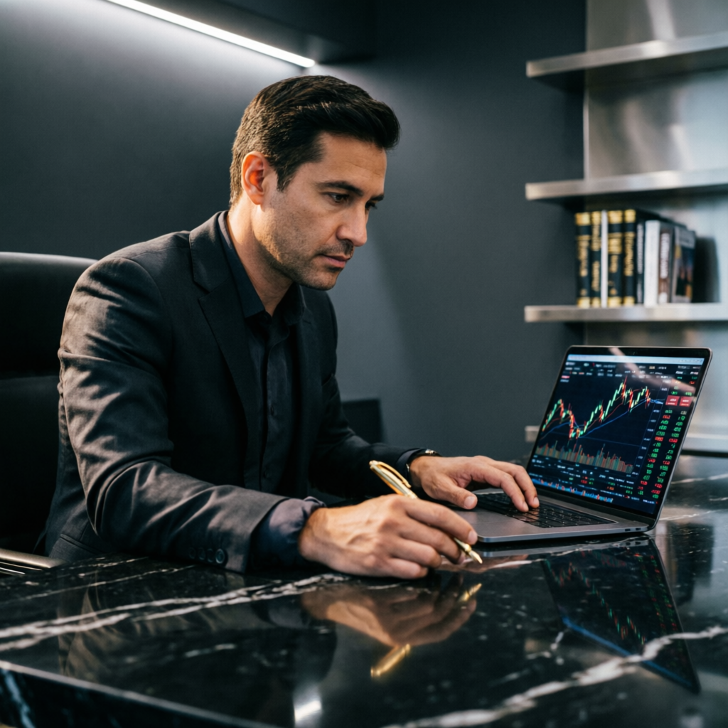 Professional trader analyzing forex charts on laptop with gold pen representing disciplined risk management