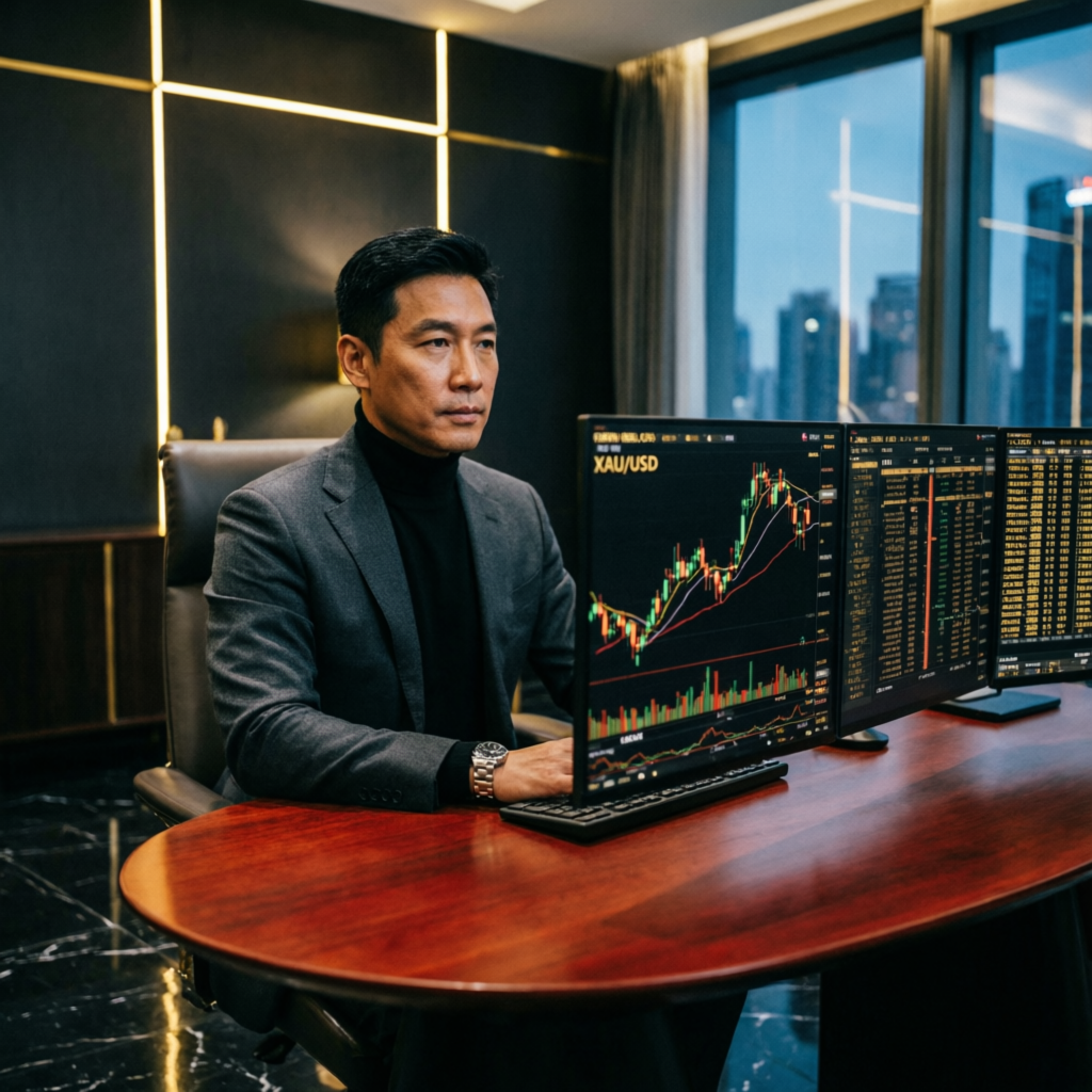 Professional forex trader analyzing Topstep futures charts on multiple monitors