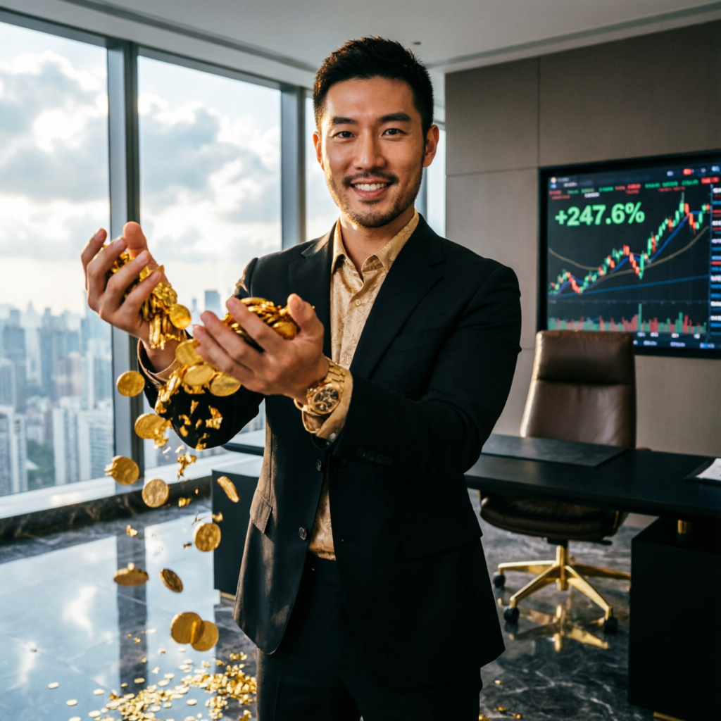 Successful funded trader celebrating with gold coins and trading profits from Topstep payouts