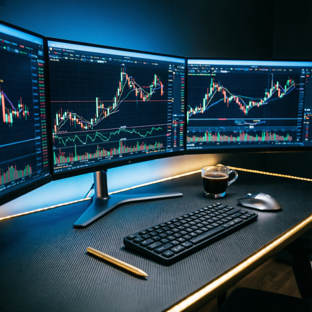 Professional multi-monitor trading setup with candlestick charts and technical indicators