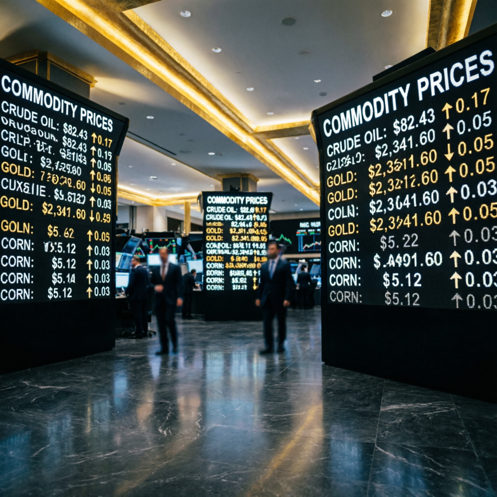Professional futures trading floor with commodity price displays representing Topstep trading environment