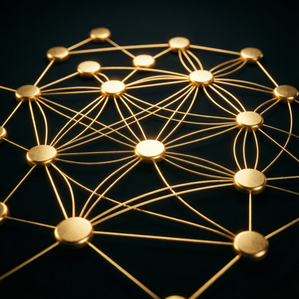 Abstract golden network representing interconnected Topstep trading accounts and scaling opportunities