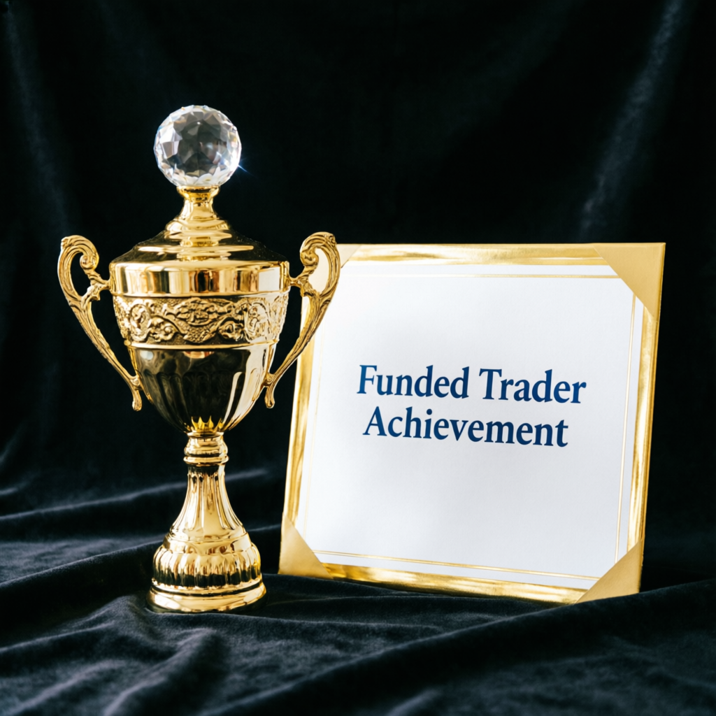 Golden trophy and funded trader achievement certificate representing Topstep success