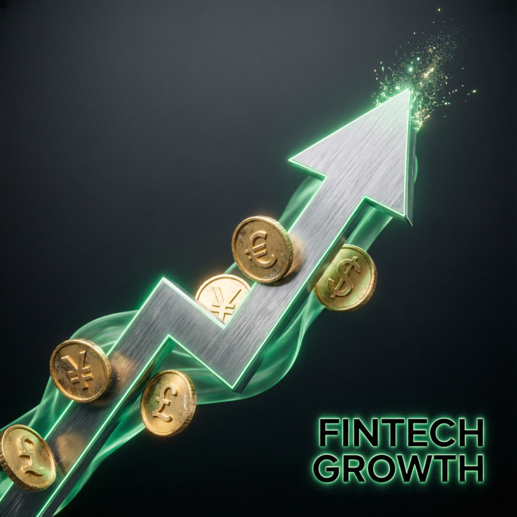 Financial growth arrow with currency coins representing funded account scaling