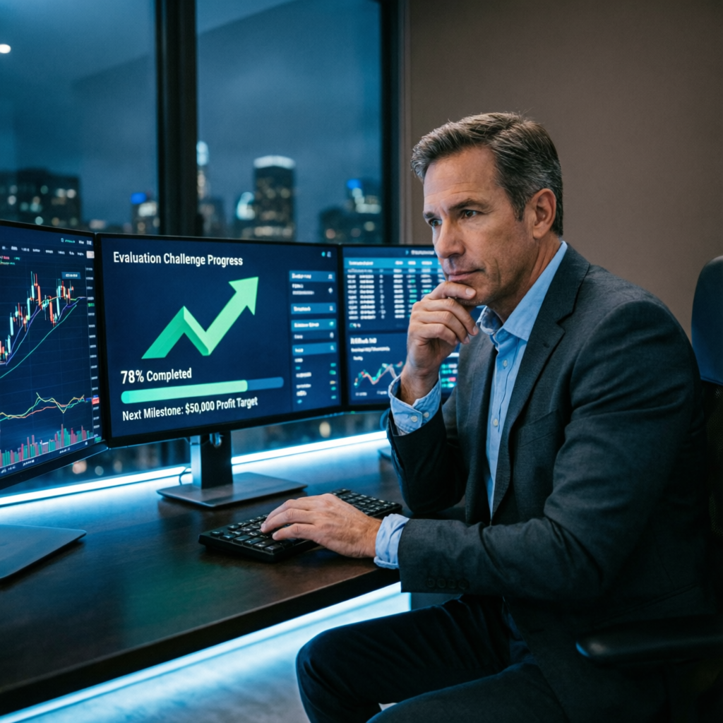 Trader reviewing E8 Markets evaluation challenge progress