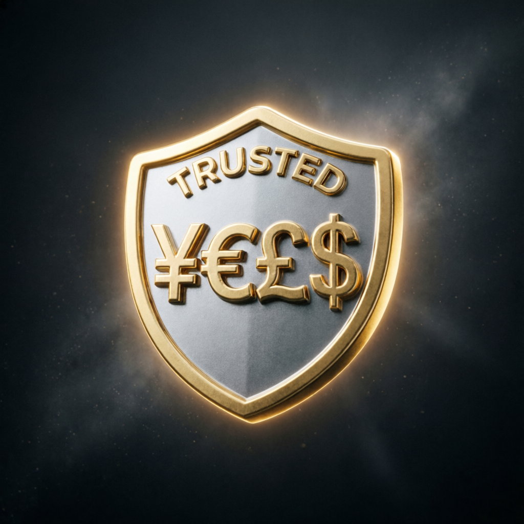 Trusted verified shield with currency symbols
