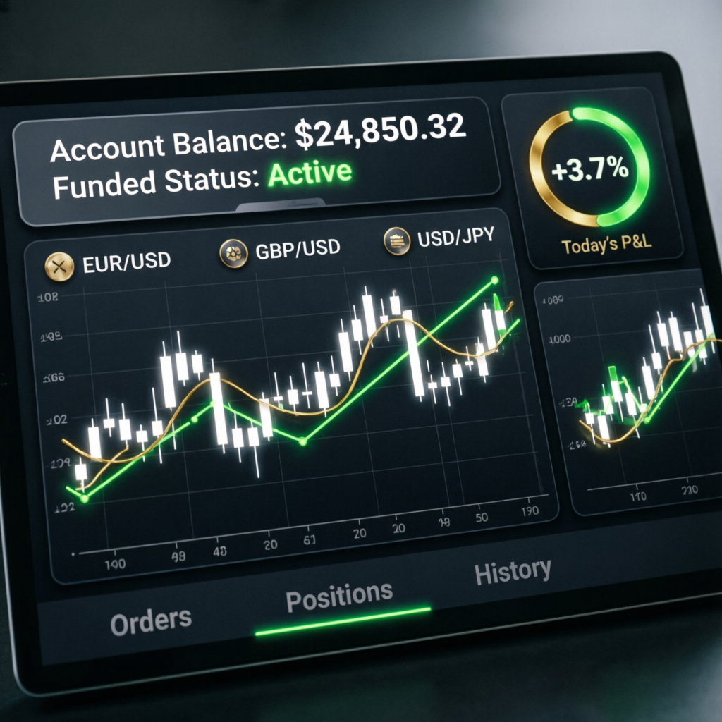 E8 Markets funded account dashboard showing active status and profits