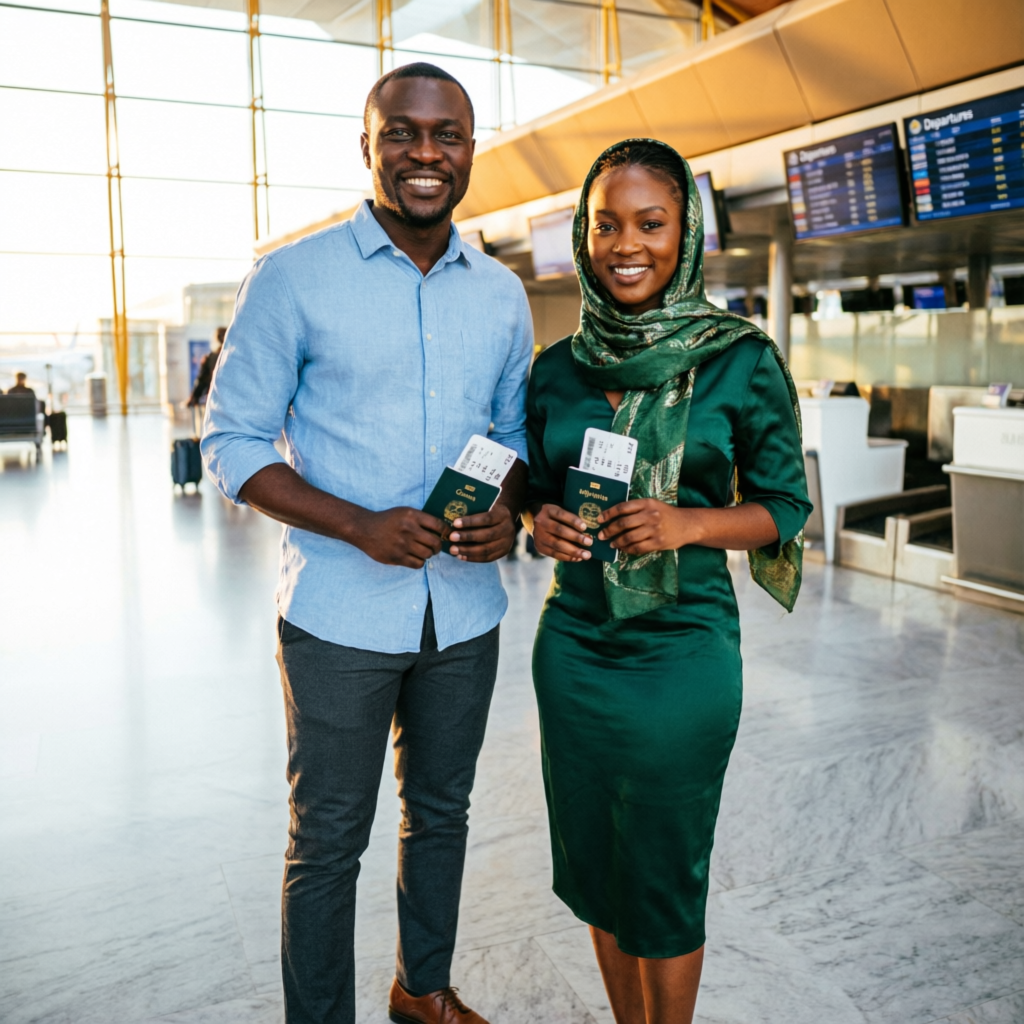 African couple with passports at airport