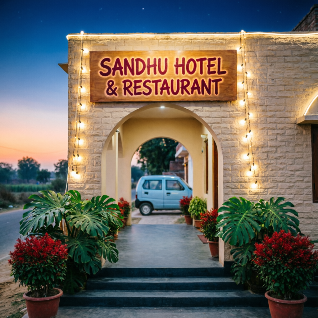 Sandhu Hotel and Restaurant exterior entrance at dusk on Kashipur Road Jaspur