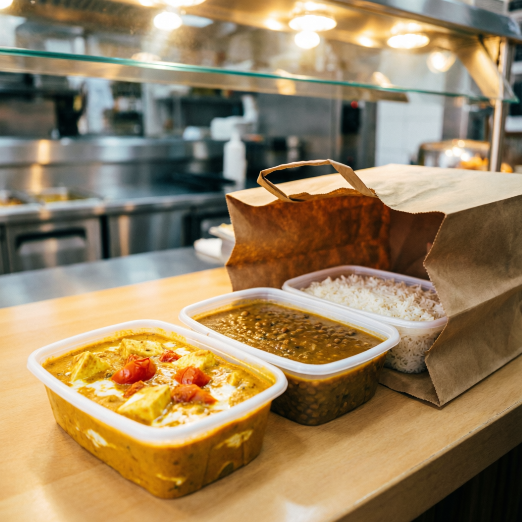 Neatly packed takeaway North Indian food from restaurant in Jaspur