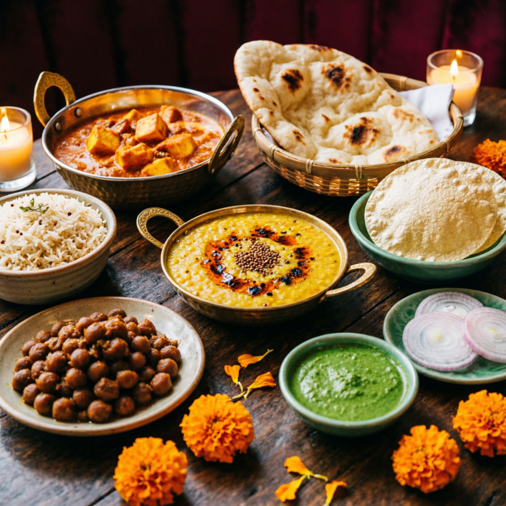 North Indian feast at Sandhu Hotel and Restaurant, best North Indian restaurant in Jaspur Uttarakhand — paneer butter masala, dal tadka, naan and chole