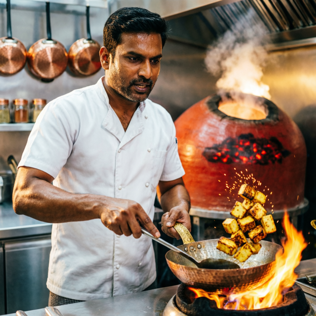 Chef cooking fresh food in tandoor kitchen at Jaspur restaurant