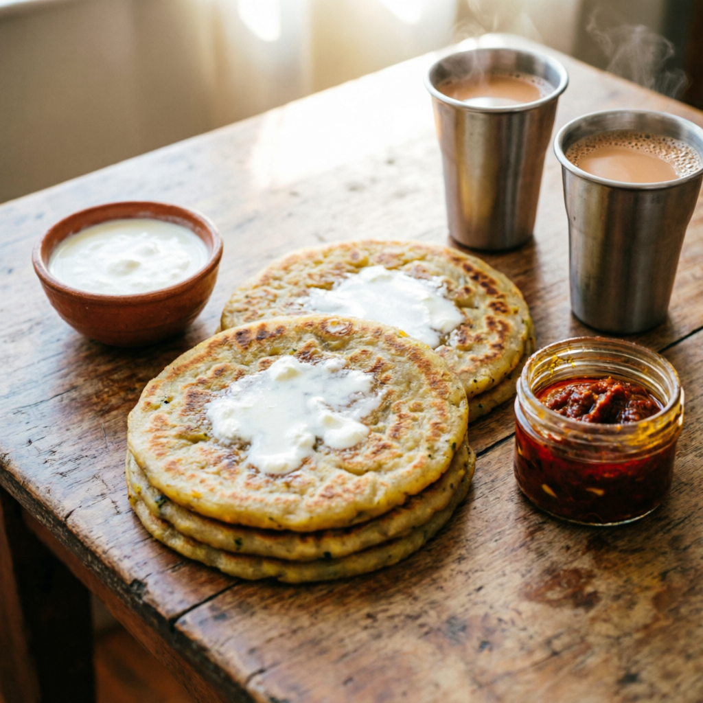 Best breakfast on Kashipur Road Jaspur — aloo paratha with curd and masala chai