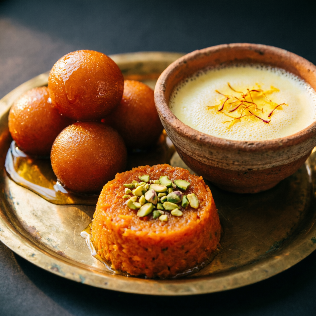 Indian desserts gulab jamun kheer and gajar halwa at best restaurant in Jaspur