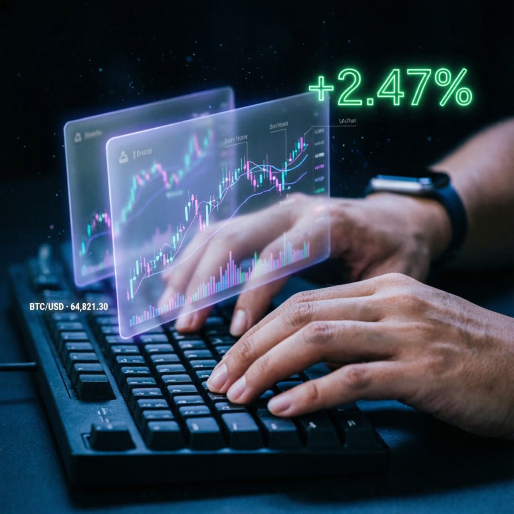 Trader analyzing holographic trading charts with profit indicators