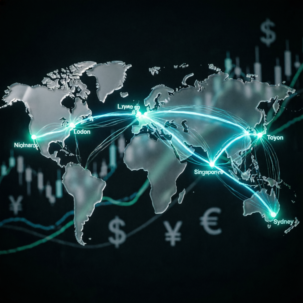 Global forex market network with glowing trading connections