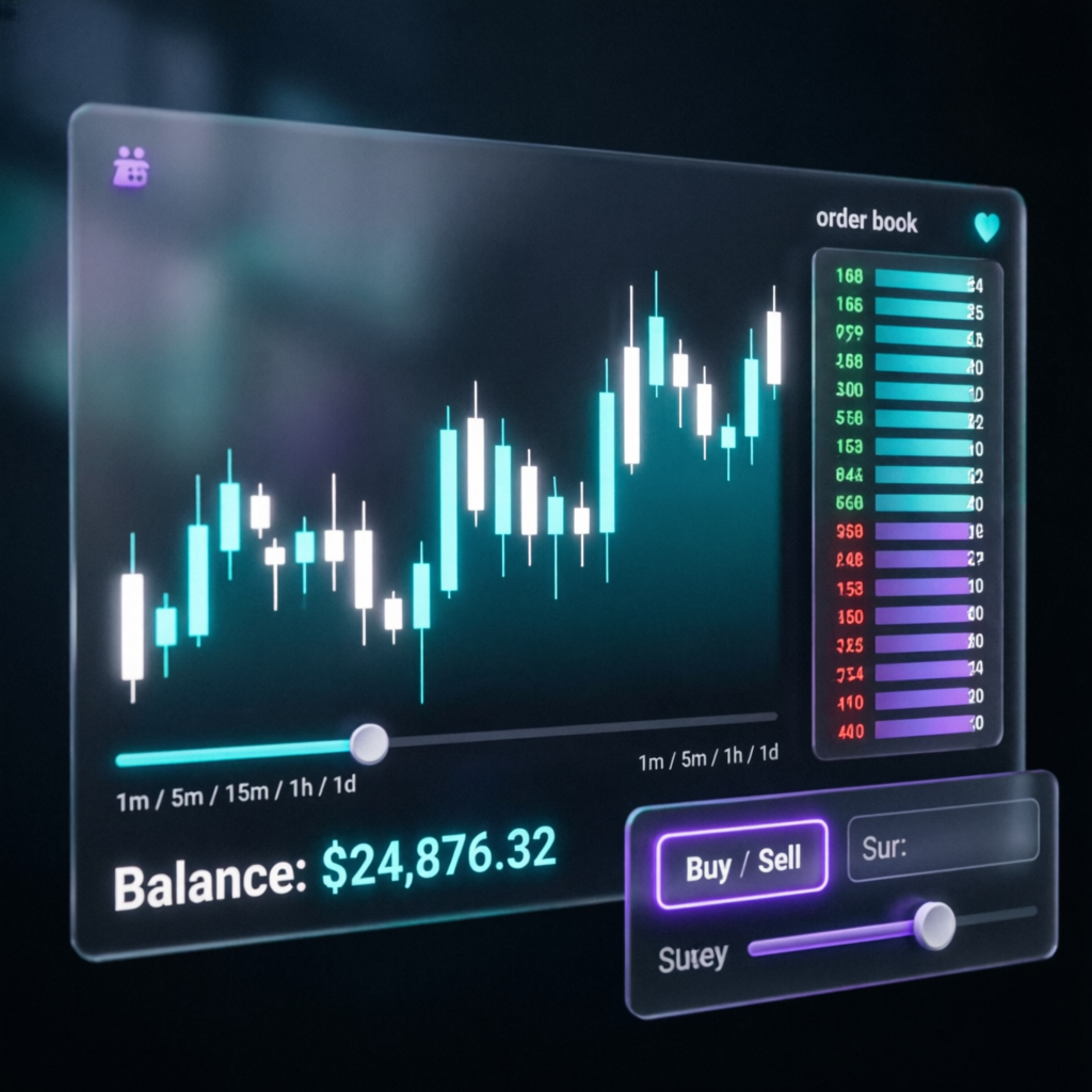 Modern trading platform interface with glassmorphism design and candlestick charts