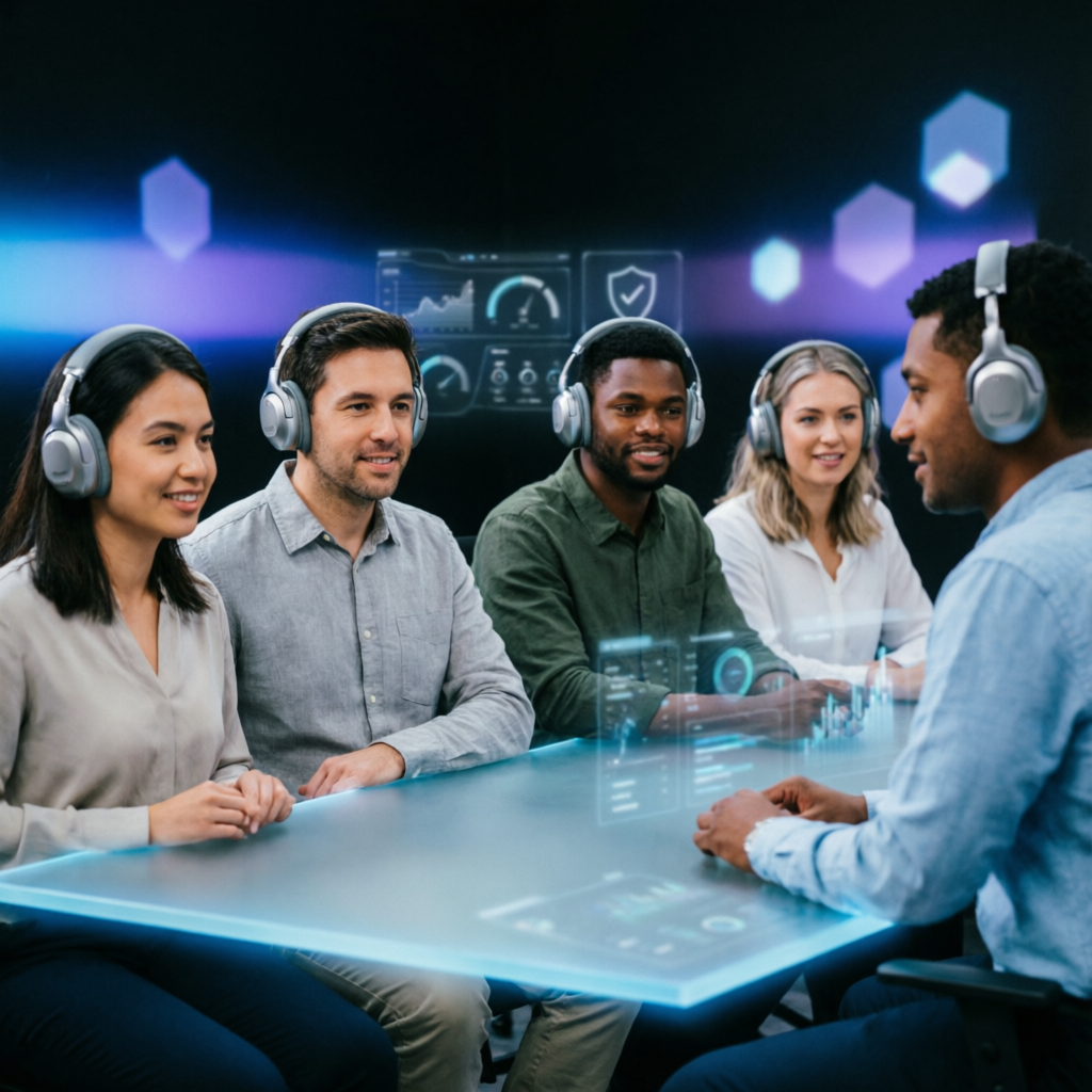 Professional customer support team for prop firm service with headsets