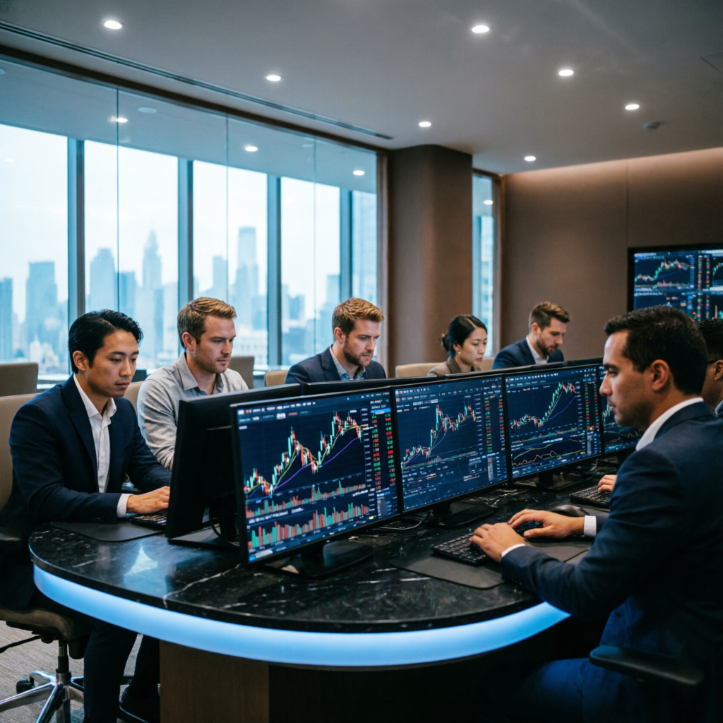 Professional prop firm trading floor with traders analyzing multiple screens