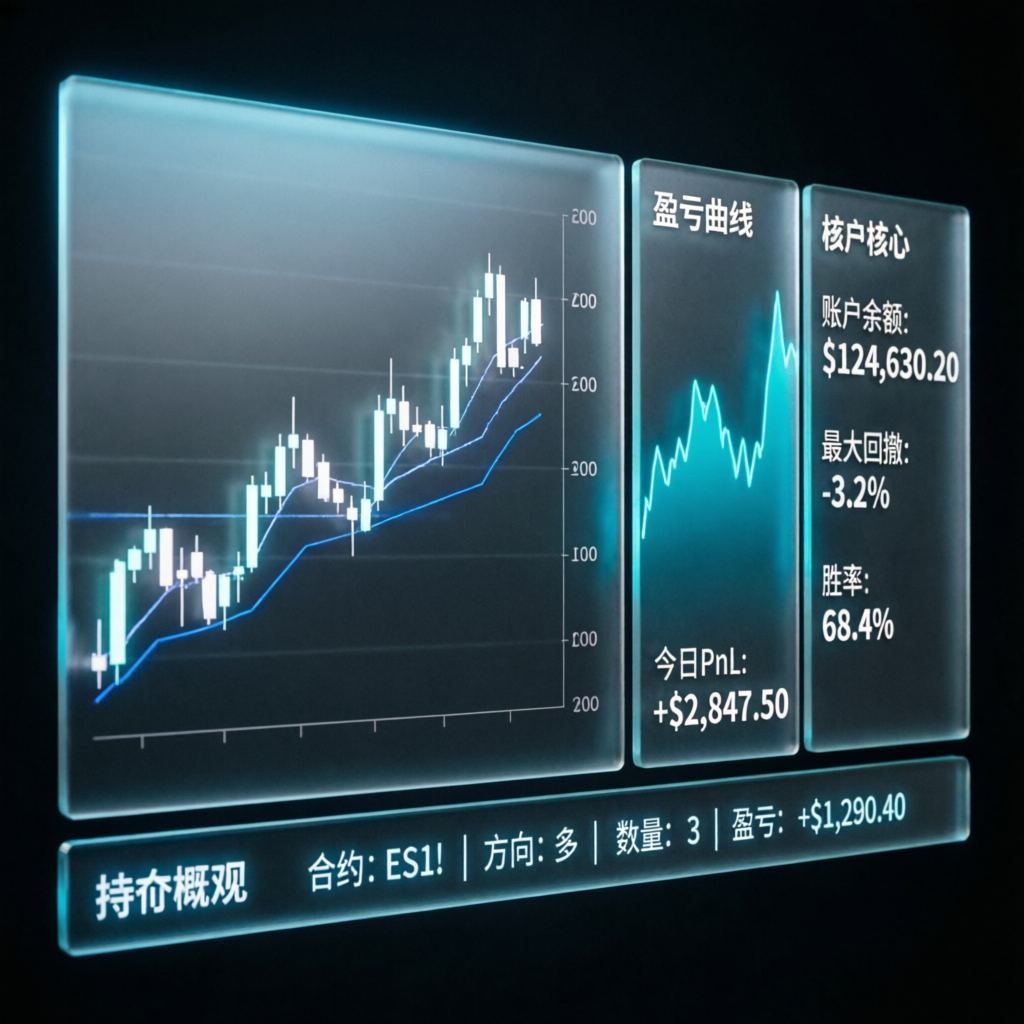 Topstep trading dashboard with glassmorphism interface showing futures charts