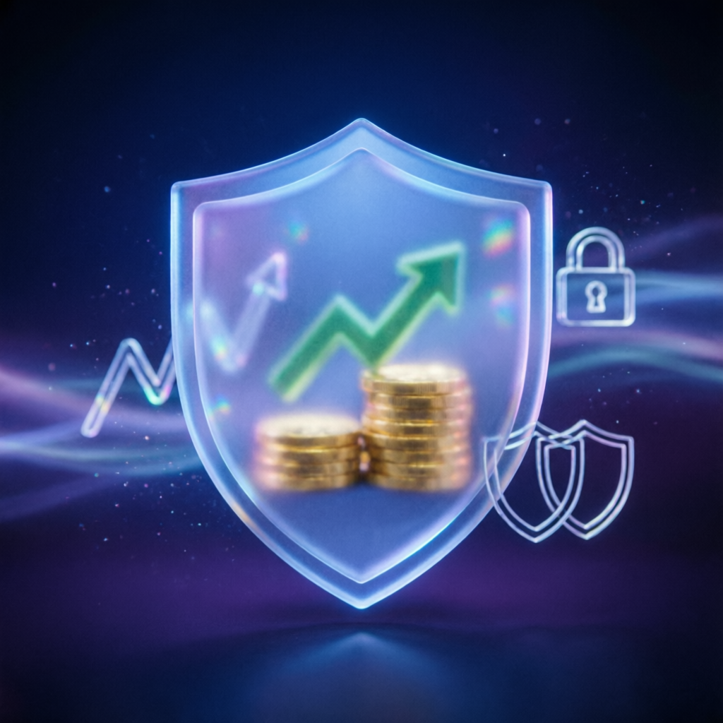 Risk management shield protecting trading capital with glassmorphism style