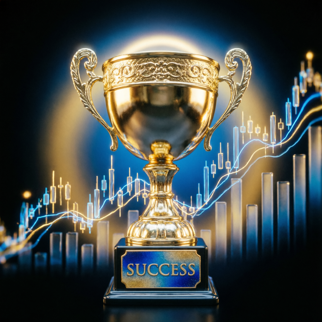 Success trophy with trading charts representing funded account achievement