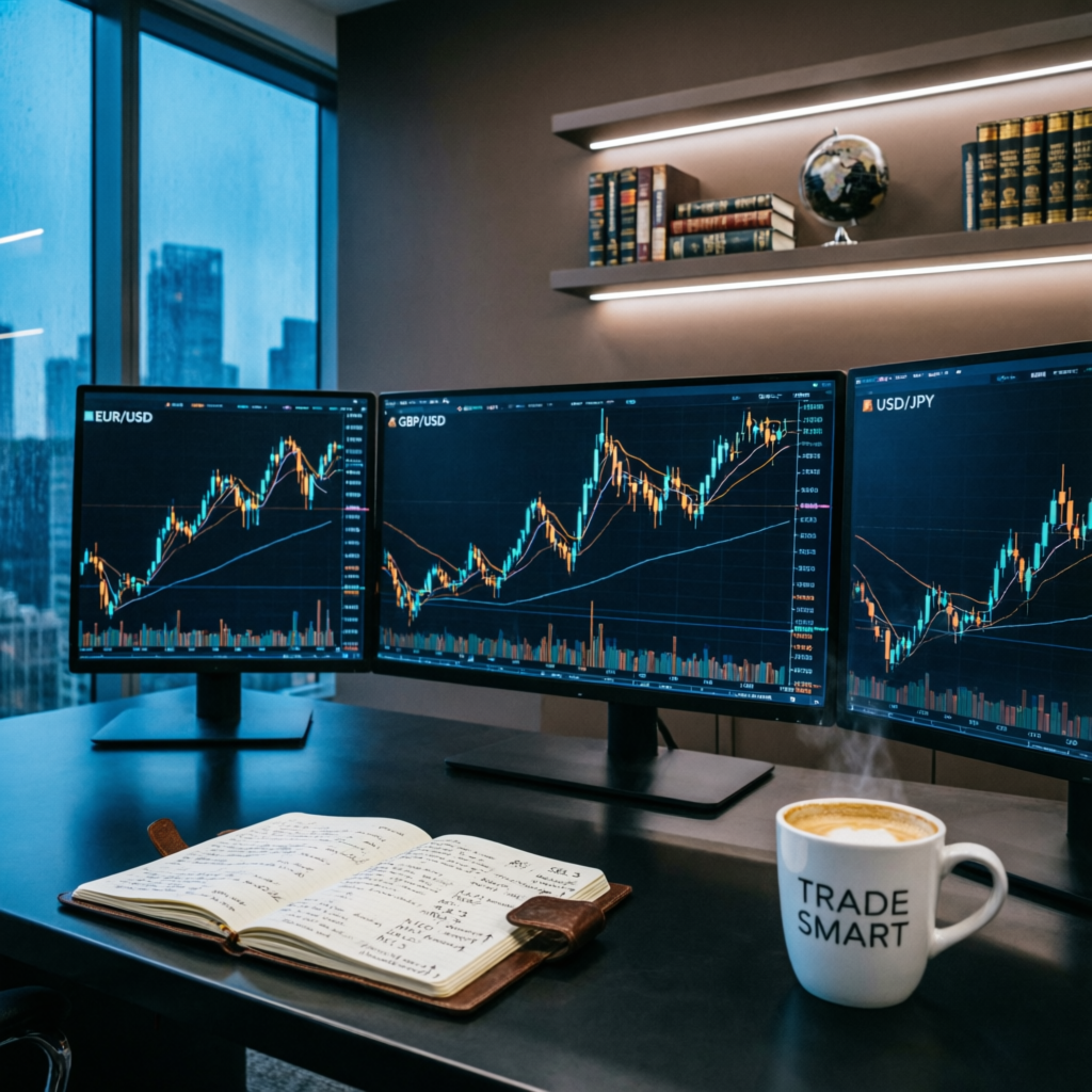Professional trader workspace with multiple monitors showing forex charts