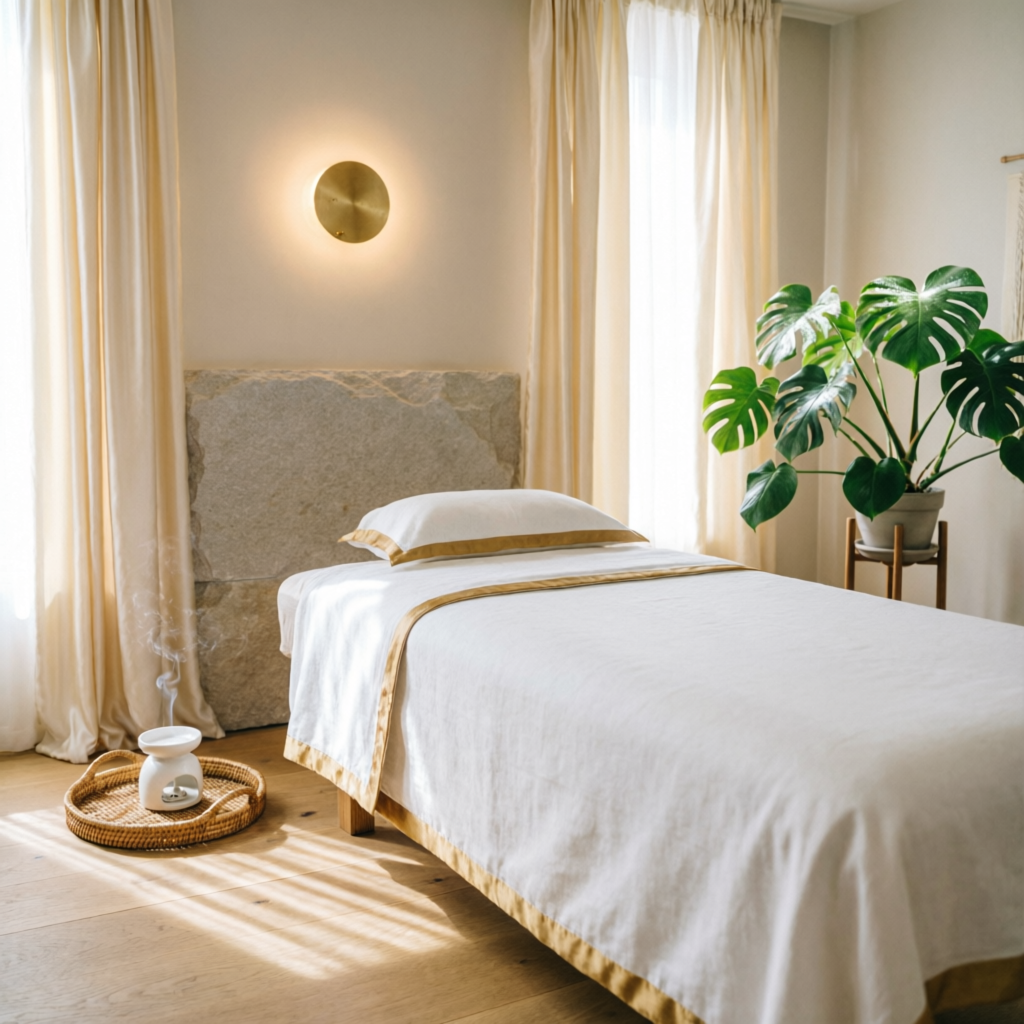 Relaxing Swedish massage spa room with natural light